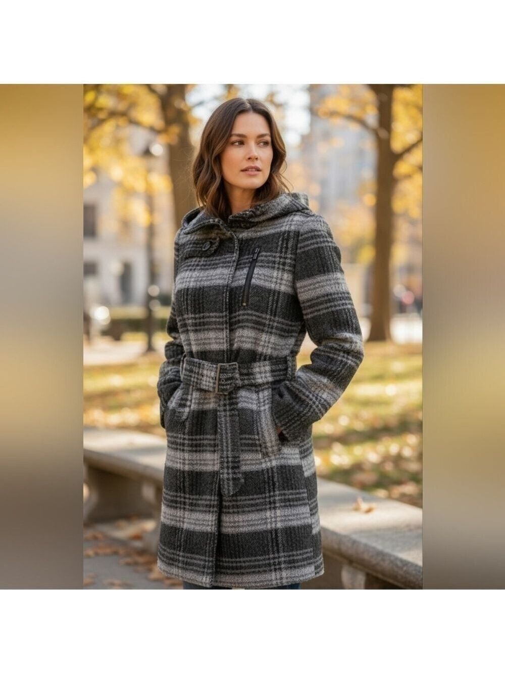 Worthington Black and Gray Plaid Coat Trench Coat Medium Missing Prong To Belt